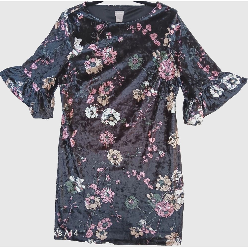 Chicos Crushed Velvet Floral Print Bell Sleeve Shift Dress Size 1XL (8 USA)
